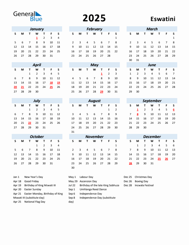 2025 Calendar for Eswatini with Holidays