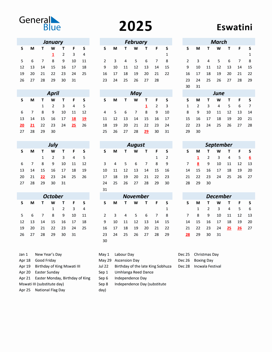 2025 Yearly Calendar for Eswatini with Holidays