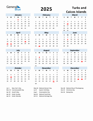 Turks and Caicos Islands current year calendar 2025 with holidays