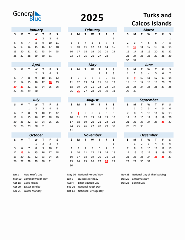 2025 Calendar for Turks and Caicos Islands with Holidays