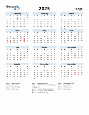 Tonga current year calendar 2025 with holidays