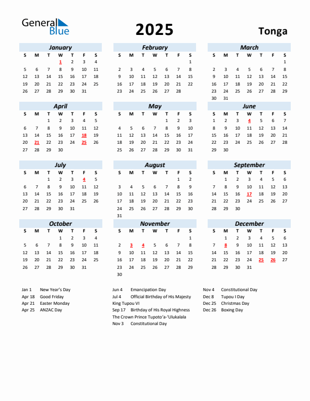 2025 Calendar for Tonga with Holidays