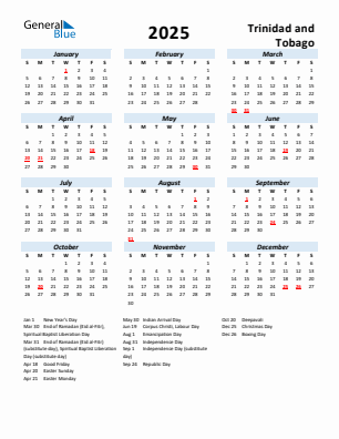 Trinidad and Tobago current year calendar 2025 with holidays