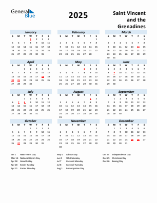 Saint Vincent and the Grenadines current year calendar 2025 with holidays
