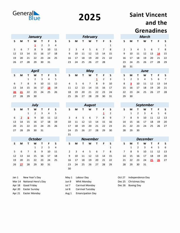 2025 Calendar for Saint Vincent and the Grenadines with Holidays