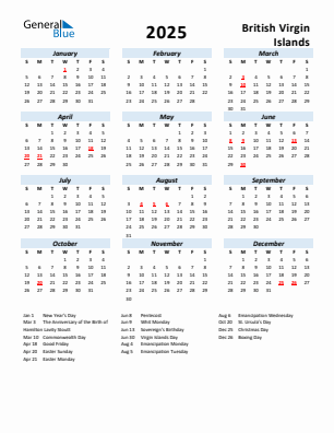 British Virgin Islands current year calendar 2025 with holidays
