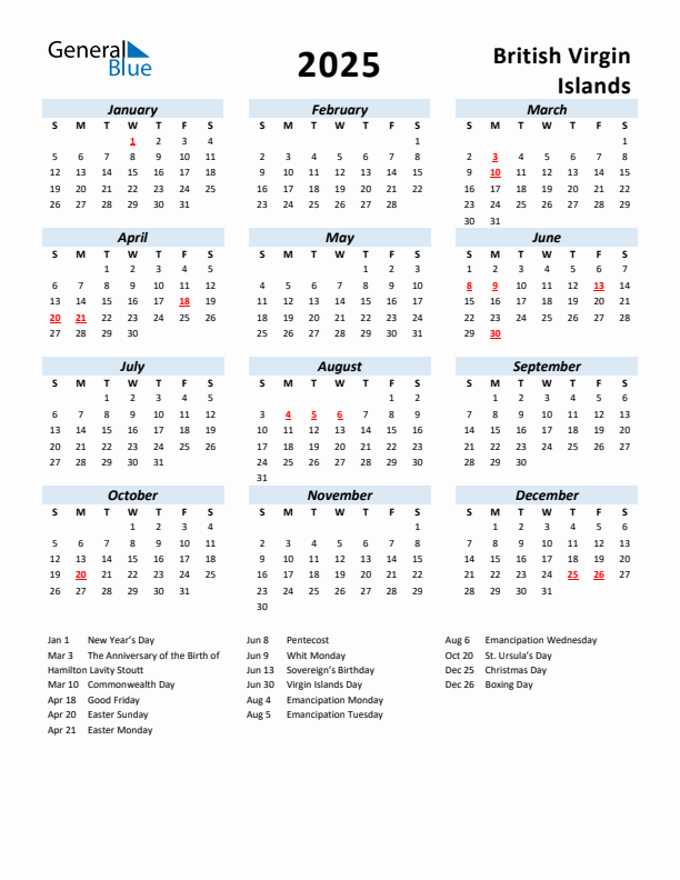 2025 Calendar for British Virgin Islands with Holidays
