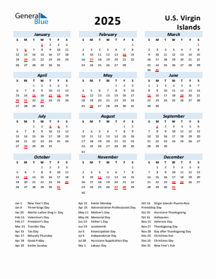 U.S. Virgin Islands current year calendar 2025 with holidays
