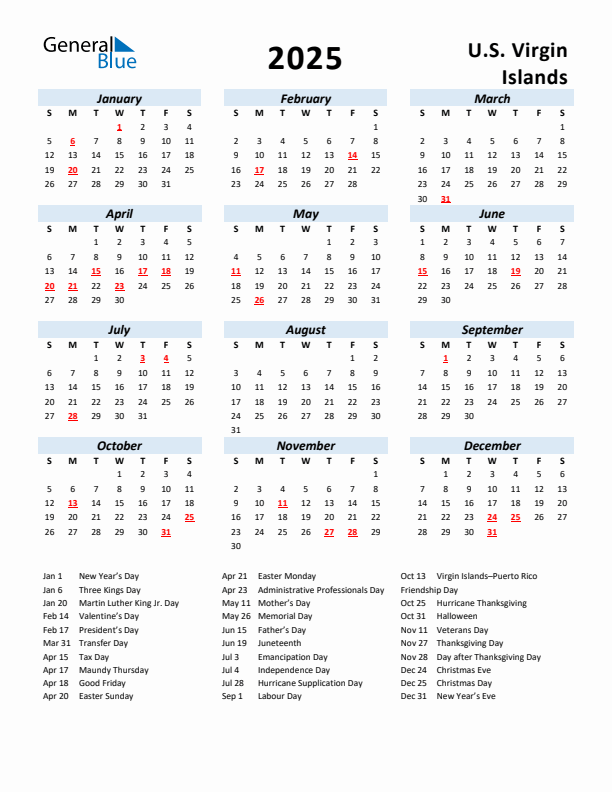 2025 Calendar for U.S. Virgin Islands with Holidays