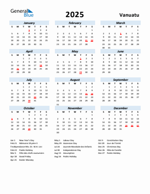 Vanuatu current year calendar 2025 with holidays