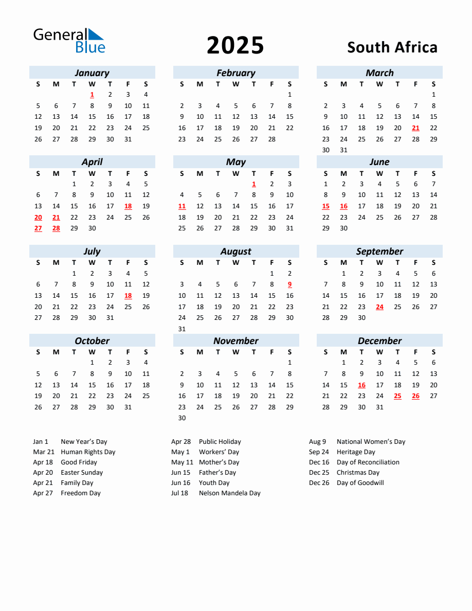 2025 Yearly Calendar for South Africa with Holidays