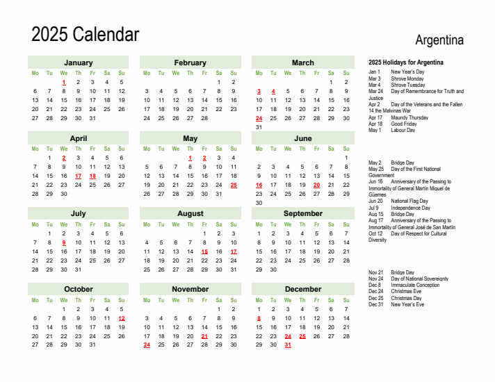 Holiday Calendar 2025 for Argentina (Monday Start)