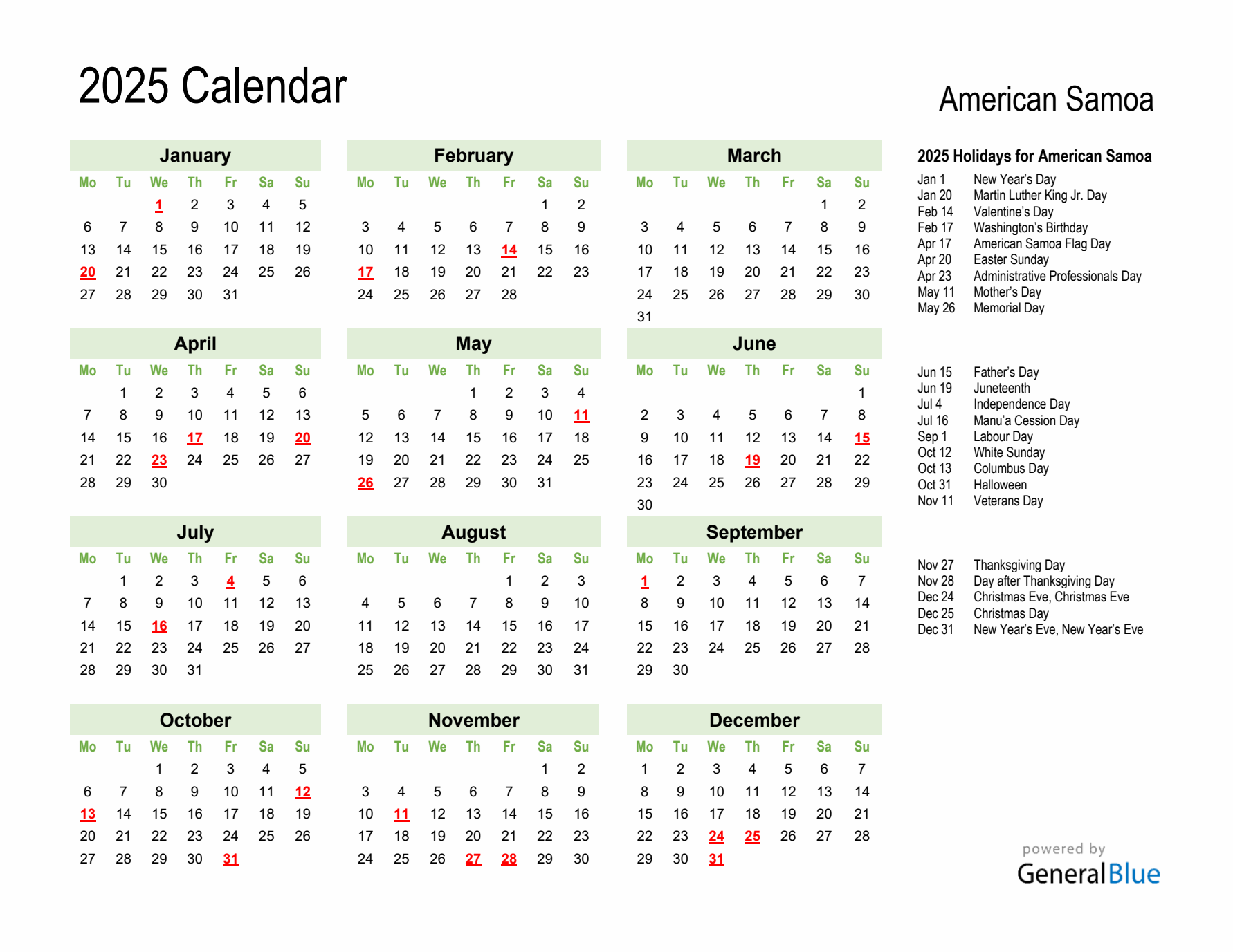 Holiday Calendar 2025 for American Samoa (Monday Start)
