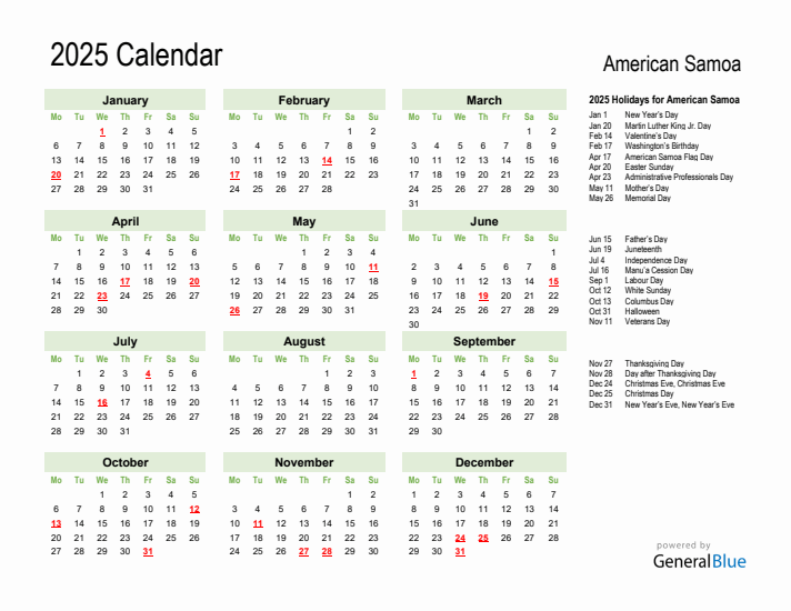 Holiday Calendar 2025 for American Samoa (Monday Start)