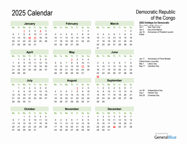 Holiday Calendar 2025 for Democratic Republic of the Congo (Monday Start)