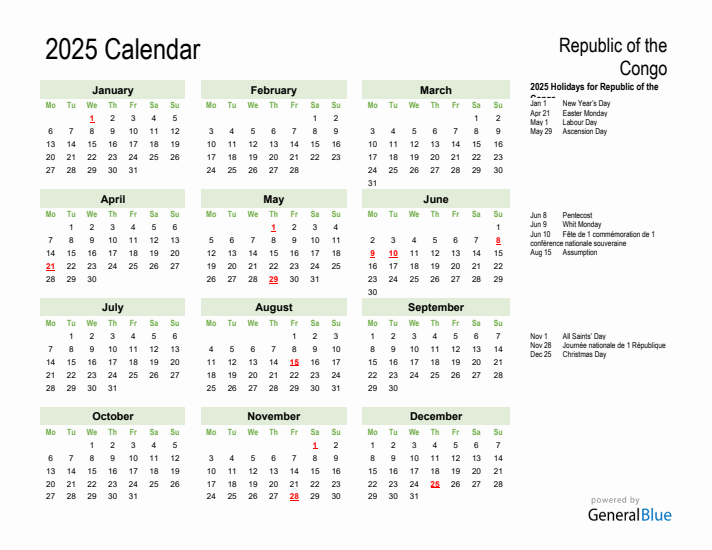 Holiday Calendar 2025 for Republic of the Congo (Monday Start)
