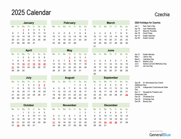 Holiday Calendar 2025 for Czechia (Monday Start)