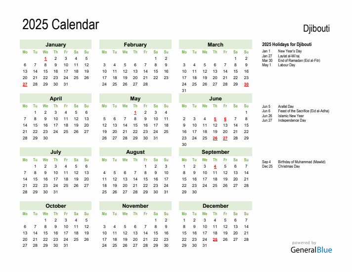 Holiday Calendar 2025 for Djibouti (Monday Start)