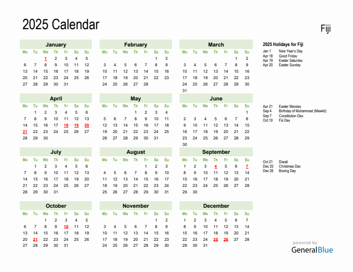 Holiday Calendar 2025 for Fiji (Monday Start)