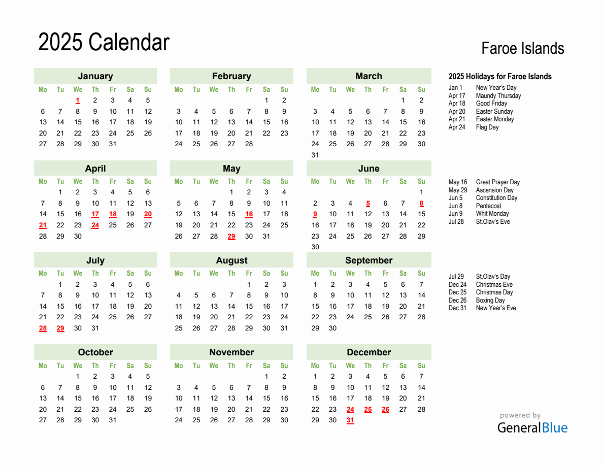 Holiday Calendar 2025 for Faroe Islands - Monday Start