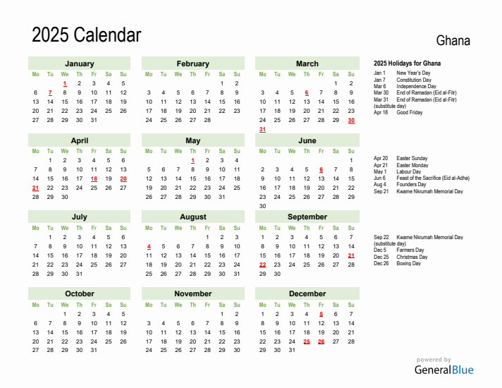 Holiday Calendar 2025 for Ghana (Monday Start)