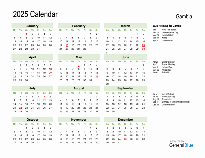 Holiday Calendar 2025 for Gambia (Monday Start)