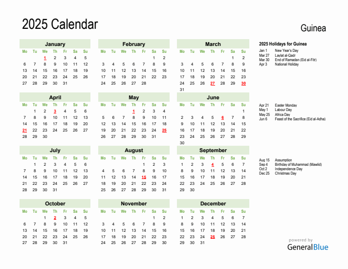 Holiday Calendar 2025 for Guinea (Monday Start)