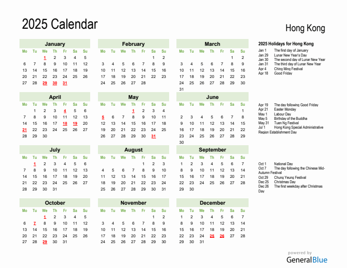 Holiday Calendar 2025 for Hong Kong (Monday Start)