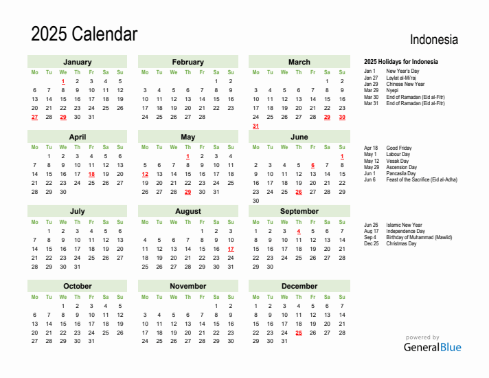 Holiday Calendar 2025 for Indonesia (Monday Start)