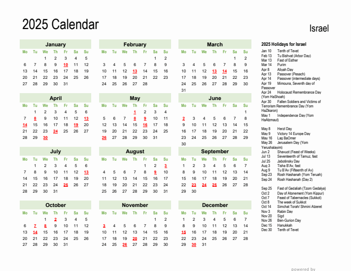 Holiday Calendar 2025 for Israel (Monday Start)