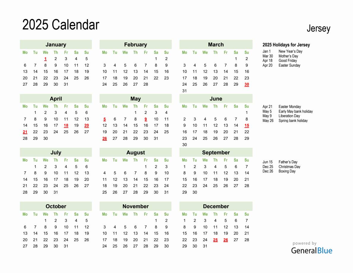 Holiday Calendar 2025 for Jersey - Monday Start