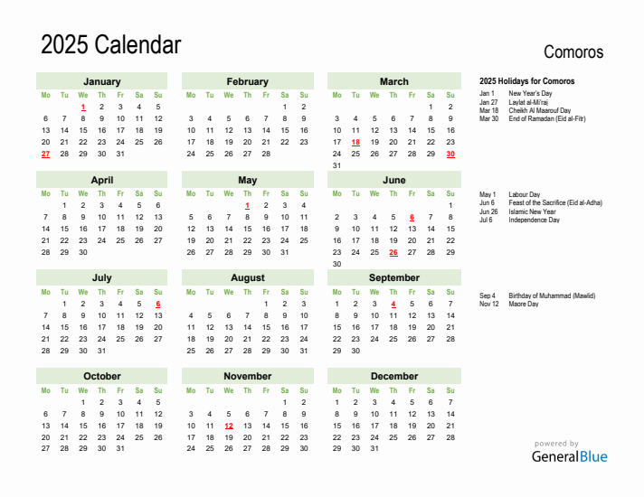 Holiday Calendar 2025 for Comoros (Monday Start)
