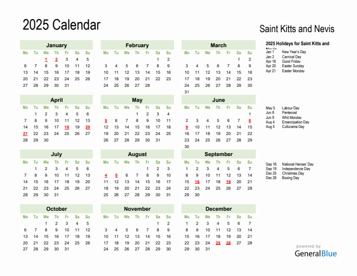 Holiday Calendar 2025 for Saint Kitts and Nevis (Monday Start)