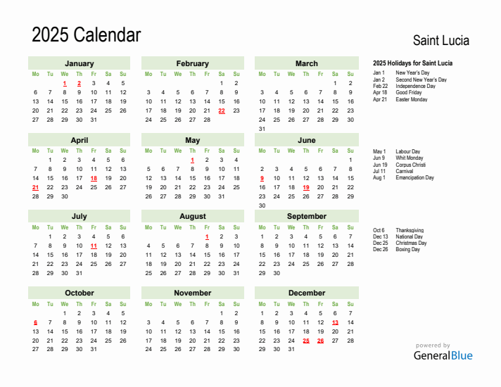 Holiday Calendar 2025 for Saint Lucia (Monday Start)
