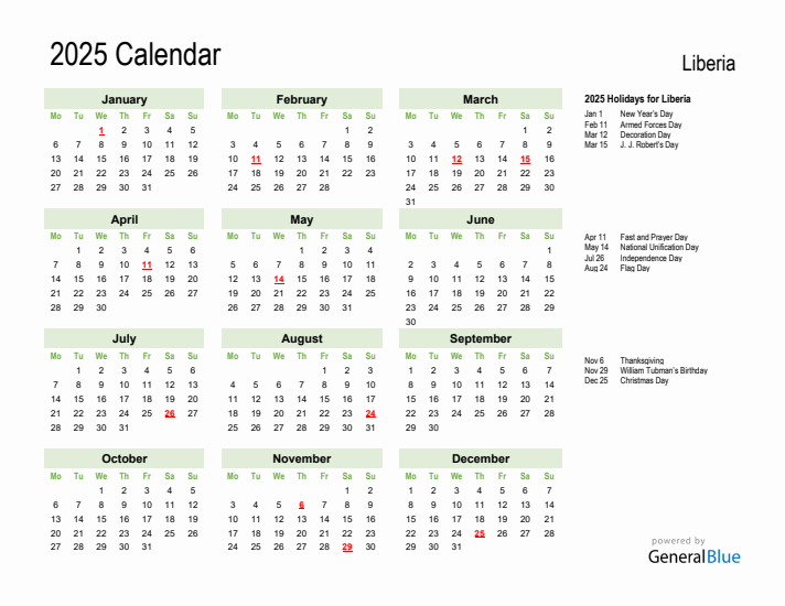 Holiday Calendar 2025 for Liberia (Monday Start)