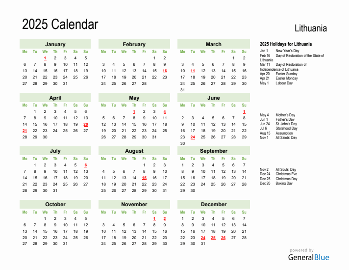Holiday Calendar 2025 for Lithuania (Monday Start)