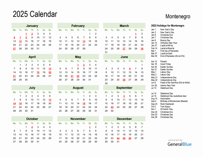Holiday Calendar 2025 for Montenegro (Monday Start)