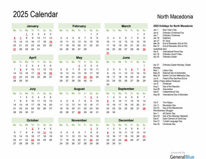 Holiday Calendar 2025 for North Macedonia (Monday Start)