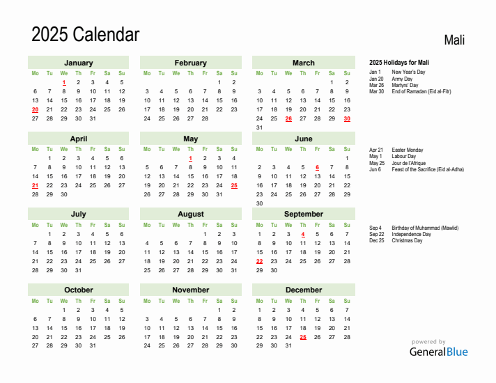 Holiday Calendar 2025 for Mali (Monday Start)