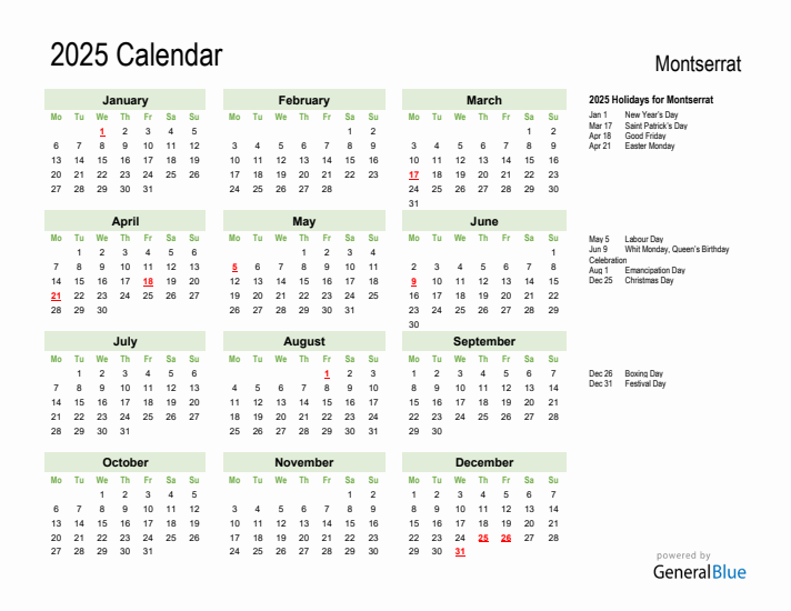 Holiday Calendar 2025 for Montserrat (Monday Start)