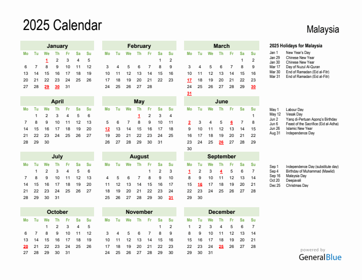 Holiday Calendar 2025 for Malaysia (Monday Start)