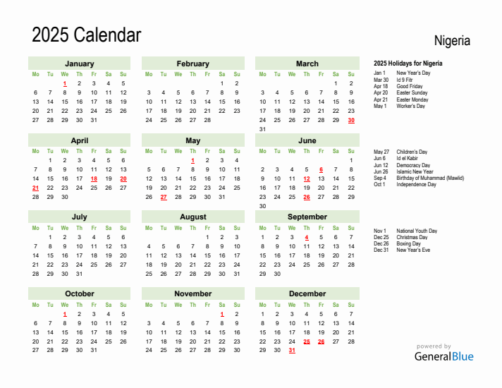 Holiday Calendar 2025 for Nigeria (Monday Start)