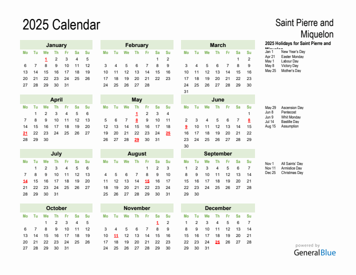 Holiday Calendar 2025 for Saint Pierre and Miquelon (Monday Start)