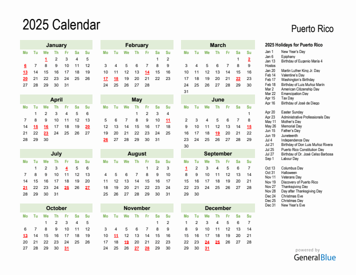 Holiday Calendar 2025 for Puerto Rico (Monday Start)