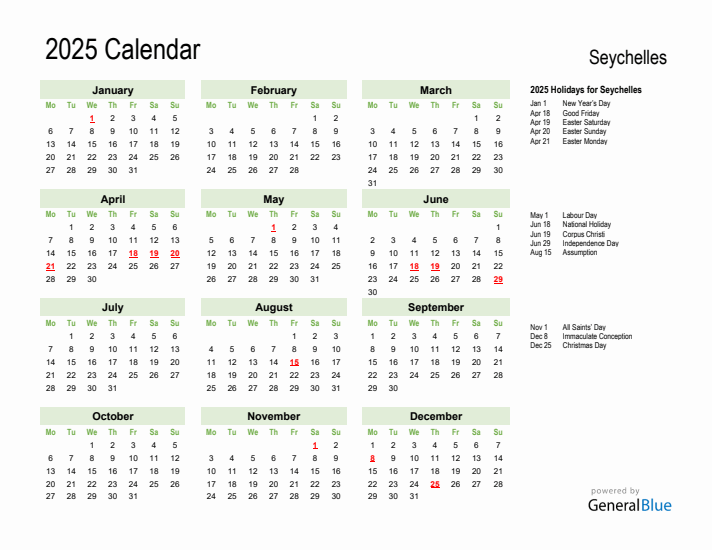 Holiday Calendar 2025 for Seychelles (Monday Start)