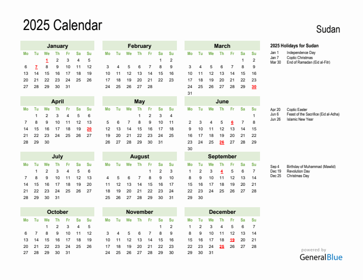 Holiday Calendar 2025 for Sudan (Monday Start)