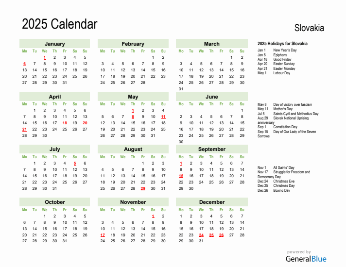 Holiday Calendar 2025 for Slovakia (Monday Start)