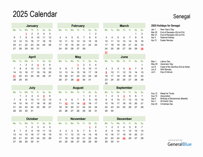 Holiday Calendar 2025 for Senegal (Monday Start)