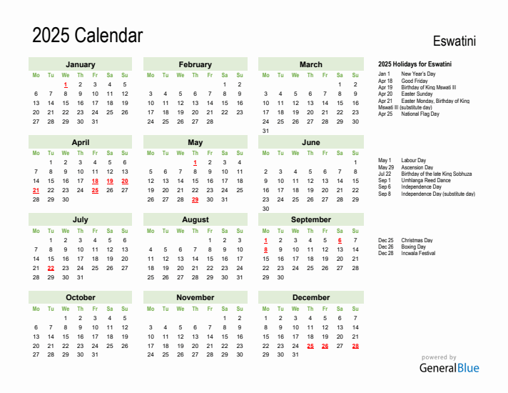 Holiday Calendar 2025 for Eswatini (Monday Start)