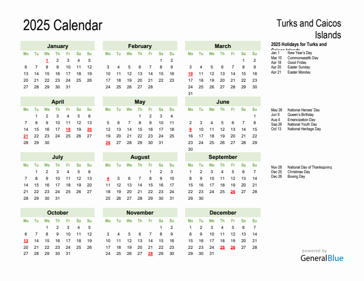 Holiday Calendar 2025 for Turks and Caicos Islands (Monday Start)
